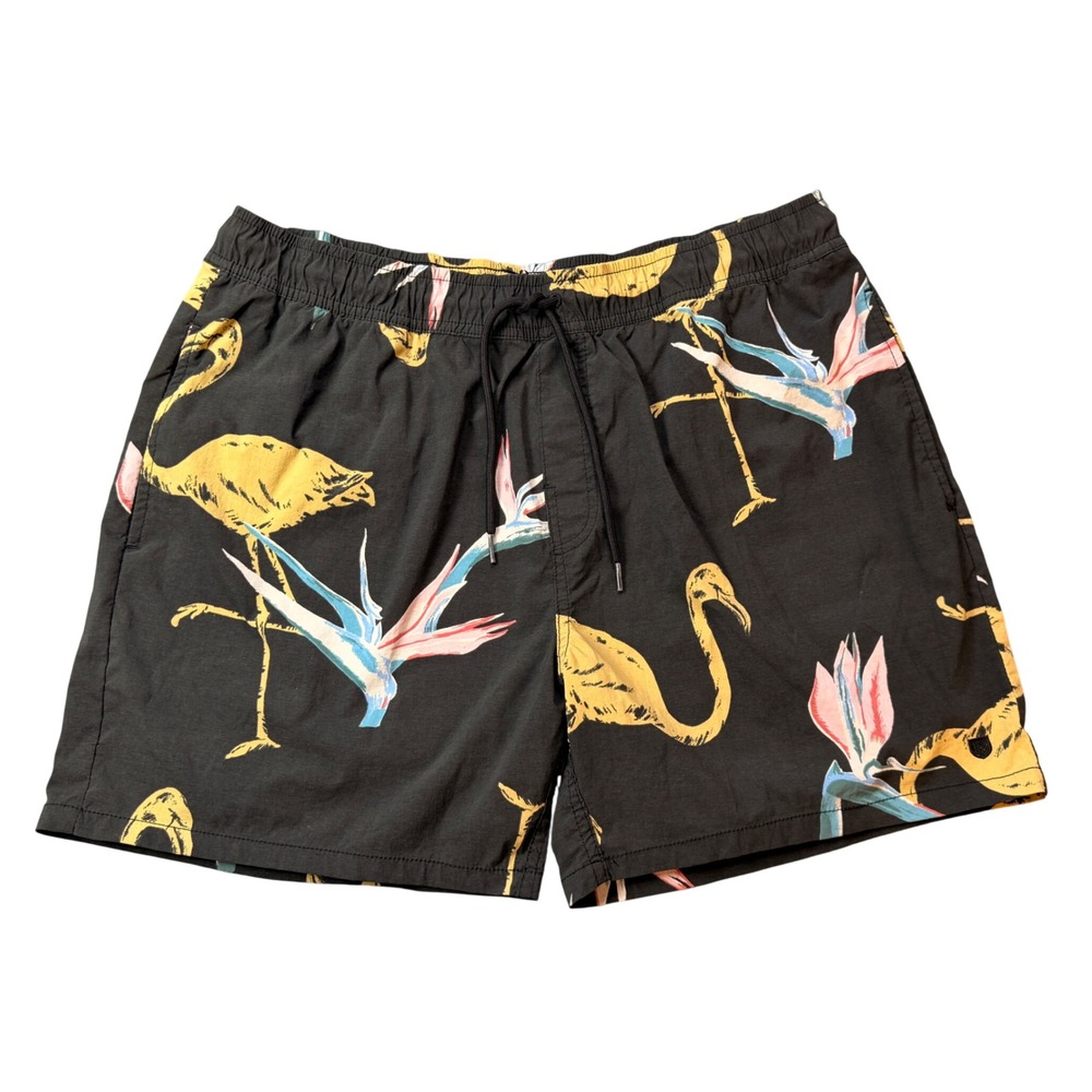 Brixton Mens Flamingo Bird of Paradise Swim Trunks Black Tropical Shorts Large